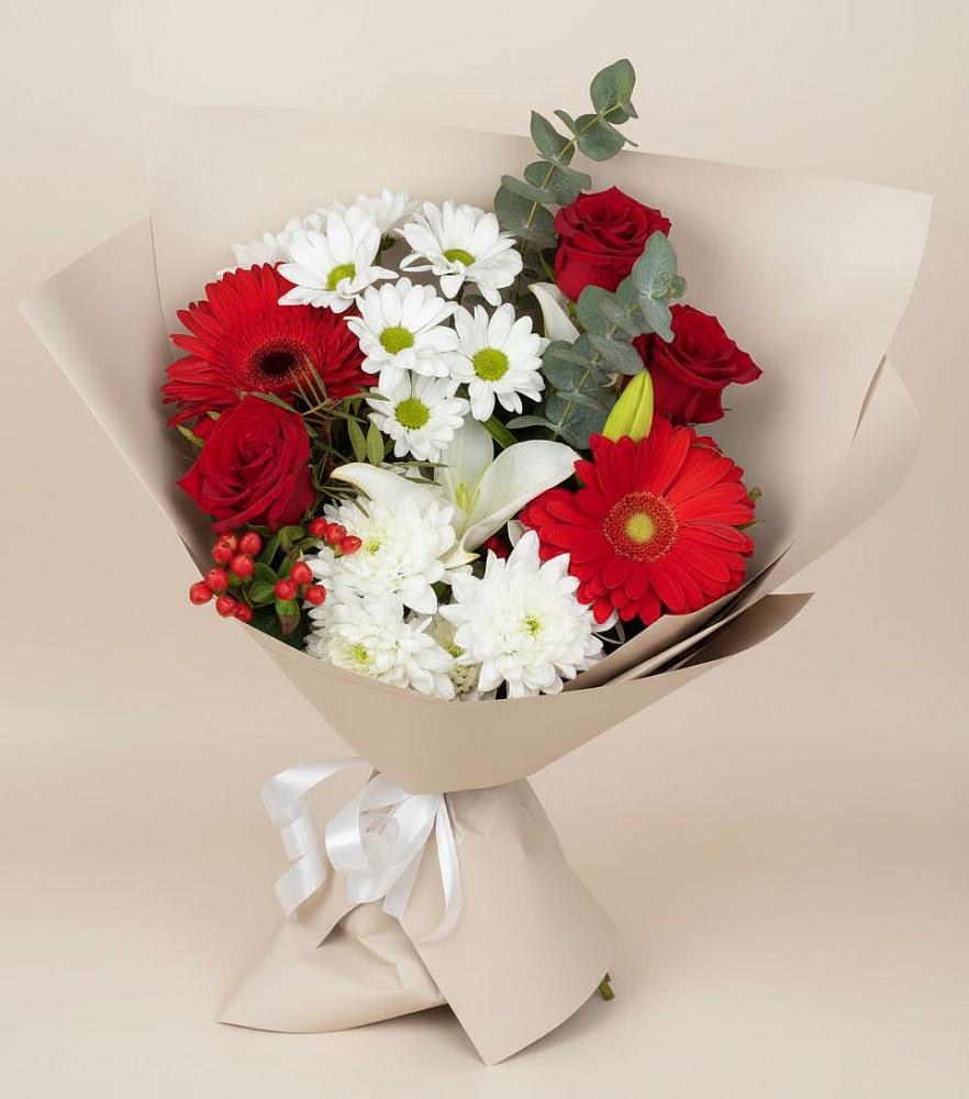 Букет цветов из: Розы, Хризантемы, Герберы и Лилии в Тимирязева