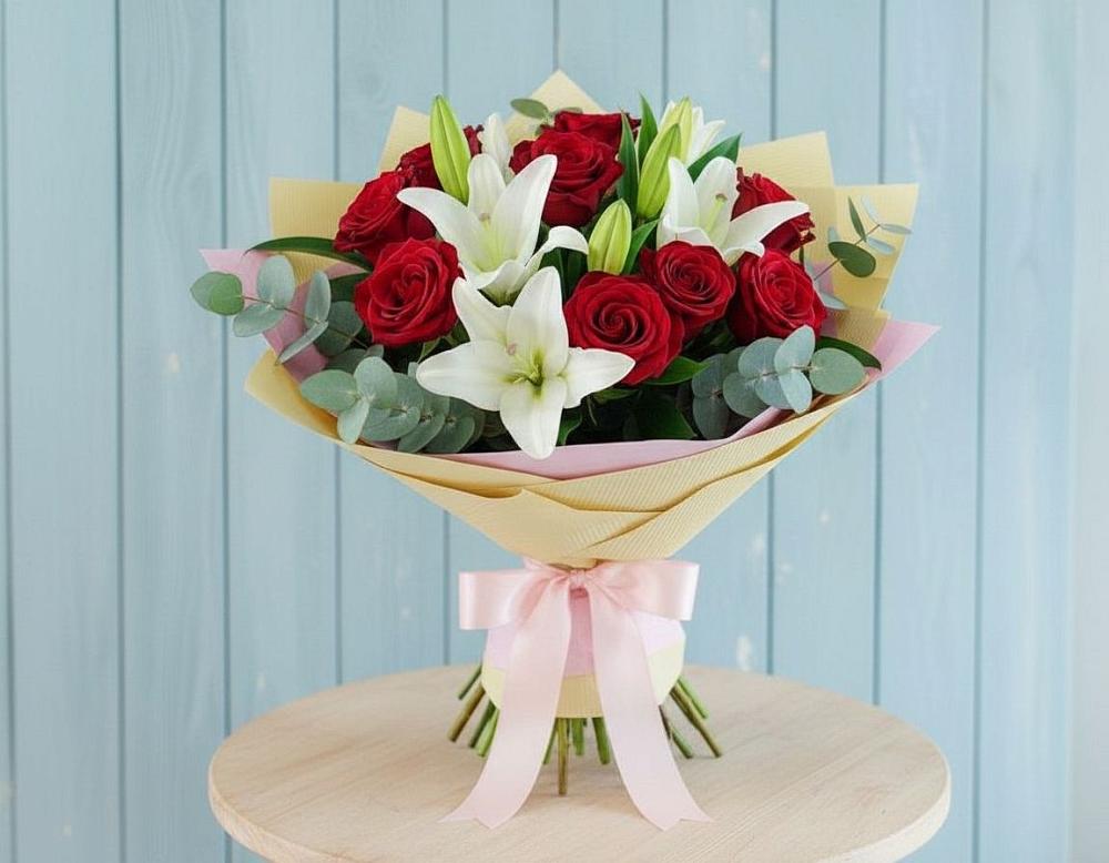 Букет цветов из: Лилии и Розы в Тимирязева
